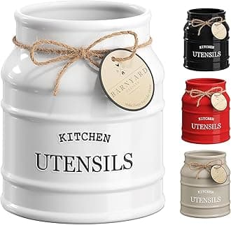 Barnyard Designs Ceramic Utensil Crock Holder for Kitchen Counter, Rustic Farmhouse Countertop Decor, French Country Organizer for Cooking Utensils, Spatulas and Mixing Spoons, White, 6ââ‚¬Â x 6.75"