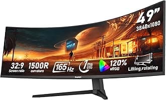 Gawfolk 49-inch Ultra-Wide Curved 1500R Gaming Computer Monitor, DFHD (3840×1080), 165Hz, 1MS, FreeSync, 120% sRGB, Height Adjustable PC Screen, HDMI2.1 & DP1.4, Compatible Wall Mount 100*100mm-Black