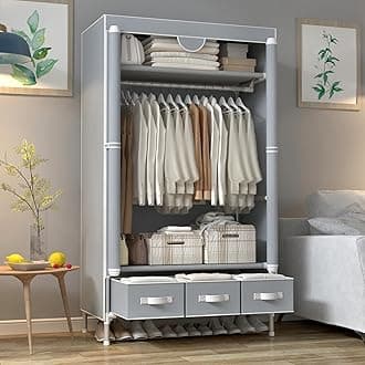 Portable Canvas Wardrobe with 3 Drawers, Hanging Rail & Shelves, 90x45x170cm, Grey