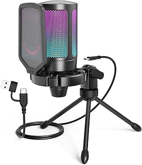 Gaming USB Microphone for PC PS5, Condenser Mic with Quick Mute, RGB Indicator, Tripod Stand, Pop Filter, Shock Mount, Gain Control for Streaming Discord Twitch Podcasts Videos- AmpliGame