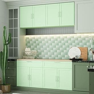 FAMAPY Kitchen Pantry Cabinet Set with Doors and 2 Drawers, Wall-Mount and Freestanding Storage Cabinet, Green and Oak
