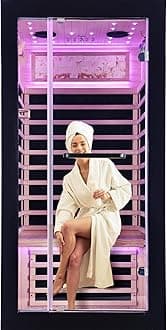 OUTEXER One Person Sauna Far Infrared Saunas Room Canadian Hemlock 1450W Dry Saunas Spa with 7 Starry Sky Light 35.4 * 35.4 * 70.8inch