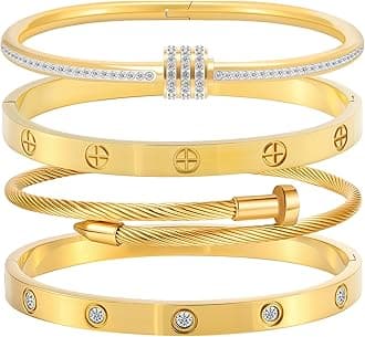 Camhanno Stainless Steel Bangle Bracelet Set for Women - Silver/Gold Love Bangle Non Tarnish Jewelry with Sparkling Crystal Inlay for Love Gifts