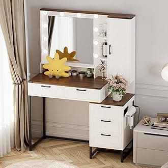 Farmhouse Vanity with Sliding Mirror and LED Lights, Makeup Table with 4 Drawers & Multi-Tier Storage Rack, Rustic Dressing Table Set for Bedroom (048 Brown)