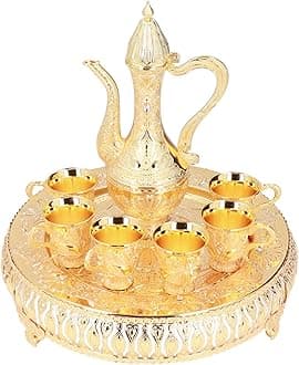 Alvinlite Vintage Small Turkish Coffee Pot Set, Turkish Tea Set with 6 Coffee Cups, Gold Wine Carafe and Glasses Set, Tiny Turkish Copper Coffee Cup Set for Home Tea Party 5.11 * 8.46inch(W*H)