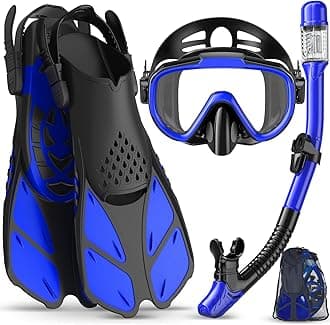 Snorkeling Gear for Adults Men Women,4 in 1 Snorkel Set with Panoramic View Diving Mask Anti-Fog Anti-Leak,Dry Top Snorkel,Fins and Travel Bag for Swimming,Snorkeling and Travel Diving