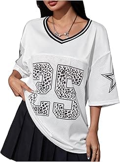 SOLY HUX Jersey Shirts for Women Y2k Graphic Number Oversized Tees V Neck Half Sleeve Cute Soccer Streetwear T Shirt Tops