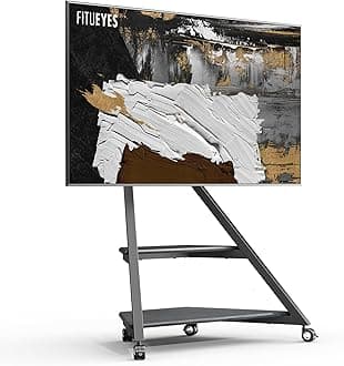 FITUEYES Design Corner TV Stand for 55-88inch TV, Rolling TV Stand with Wheels and Storage Shelf, Modern Black Floor Television Stand, Eiffel Series