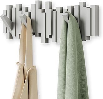 Umbra Sticks Wall-Mounted Coat Rack Rail Hook with 5 Retractable Pegs – Modern, Space-Saving Storage Organizer, Grey