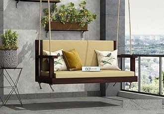 Solid Wood 2 Seater Rope Swing Chair | Wooden Hammock Swing Sofa with Rope & Complete Accessories for Indoor, Outdoor, Balcony & Garden | House Big Hanging Swings Jhula | Walnut Finish