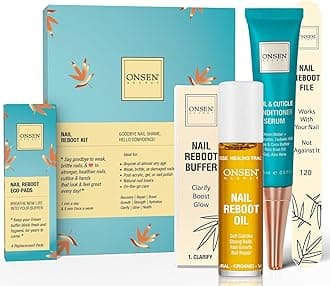 Onsen Secret Complete Nail Reboot Kit w/Cuticle Oil 10ml, Nail File 120/180 Grit Double Sided, A 3-Way Nail Buffer Block & Cuticle Serum-15ml w/Nail Oil in Action-Super Value Pack