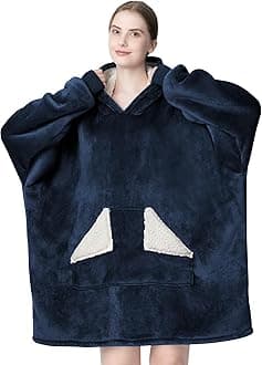 Wearable Blanket Hoodie, Oversized Sherpa Blanket Sweatshirt with Hood Pocket and Sleeves, Super Soft Warm Comfy Plush Hooded Blanket for Adult Women Men, One Size Fits All (NavyBlue)