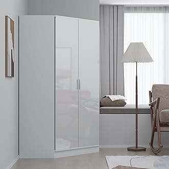 Reflect 2 Door Corner Wardrobe | White Gloss & Matt White | Bedroom Storage with 2 Hanging Rails & 8 Shelves | H: 180cm x W: 103cm x D: 103cm | Modern Space Saving Design