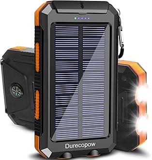 Durecopow Solar Charger, 20000 mAh Portable Outdoor Waterproof Solar Power Bank, Camping External Backup Battery Pack, Dual 5V USB Ports Output, 2 LED Light Flashlight with Compass (Orange)