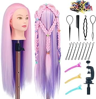 Eumos Mannequin Head with Hair, 29'' Doll Head for Hair Styling Training Head Manikin Practice Cosmetology Doll Head Styling Hairdressing Training Braiding Heads with Clamp Holder (Pink Purple)