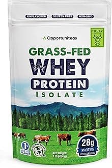 Opportuniteas Grass Fed Whey Isolate Protein Powder – Unflavored, Heavy-Metal Tested, 28g Protein, Sourced from Ireland, Hormone-Free, Non-GMO, Packaged in USA – 1lb