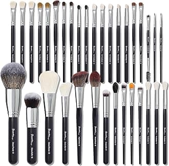 Bueart Design Professional Makeup Artist Brushes Set 34Pcs Real Natural Goat Hair Labeled Makeup Brush Set with Foundation Powder blush concealer blending eyeshadow contour(34Pcs Matte Black)