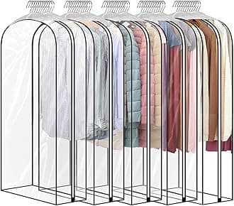 5 Pack 60" All Clear Garment Bags for Hanging Clothes Storage, 10" Gusseted Large Capacity Garment Rack Cover, Large Hanging Clothing Bag for Dress Gowns, Coats, Suit, Down Jacket