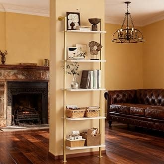 5-Tier Bookshelf Solid Wood Ladder Shelf, Narrow Book Shelf Display Shelf, Wooden Bookcase, Wall Mount Ladder Shelf, Storage Rack for Living Room, Bedroom, Bathroom, White and Gold