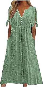 Elegant Summer Dresses for Women 2024 Trendy Tie Short Sleeve Button Down v Neck Eyelet Maxi Long Tshirt Dress