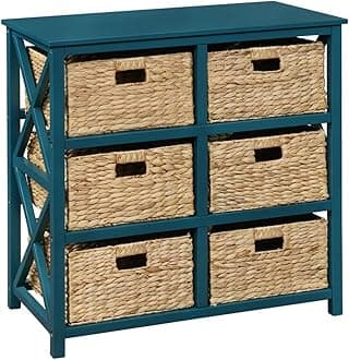 eHemco 3 Tier X-Side End Storage Cabinet with 6 Wicker Baskets, Teal