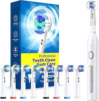 Rotating Electric Toothbrush for Adults with 8 Brush Heads (2 Types), 4 Modes Deep Clean Electric Toothbrush with Rechargeable Power and 2 Min Smart Timer White