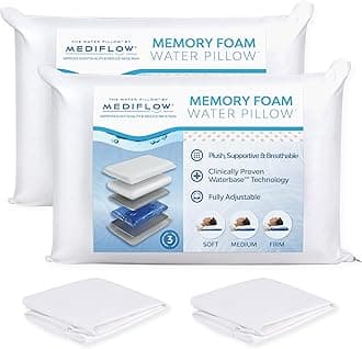 Mediflow Water Pillow Memory Foam re-Invented with Waterbase Technology - Clinically Proven to Reduce Neck Pain & Improve Sleep Quality. (Two Pillows, Two Pillow Protectors)