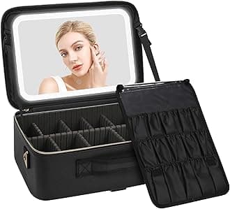 Relavel Makeup Bag with LED Mirror, Large Capacity Travel Cosmetic Organizer with Adjustable Compartments, Brush Holder & Detachable Strap, Black Storage Box for Makeup Artists