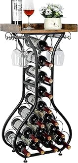 X-cosrack Wine Rack Freestanding Floor, Mini Bar Table Wine Holder Stand Liquor Cabinet with Glass Holder Wood Tabletop 14 Bottles Floor Wine Storage for Home Bar Kitchen Living Room
