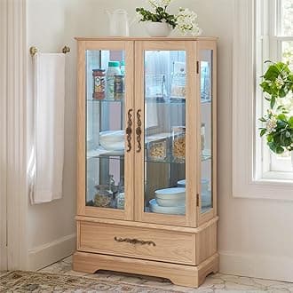 LED Curio Cabinet with 7 Color Lights, 47" H Glass Display Cabinet with 3-Tier Adjustable Shelves, China Cabinet with Tempered Glass Doors for Living Room (Oak - LED)