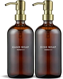 Hand and Dish Soap Dispenser Kitchen Set - 500 ml Amber Glass Soap Dispenser Bottle with Pump Golden x 2, Waterproof Labels