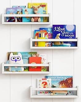 - Forbena Floating Nursery Book Shelves for Wall Set of 4, White Wall Bookshelf for Kids Room, Small Wood Book Shelf Bookshelves for Baby Teen Boys Girls Bedoom Bathroom Toy and Decor Storage