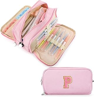 Extra Large Capacity Pencil Case 3 Compartment Initial Pencil Pouch Personalized Cute Aesthetic Stationery Pen Case Bag for School Teen Girl Boy Men Women Gift (P, Pink)