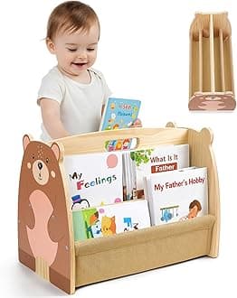 Toddler Bookshelf Double-Sided with 4 Tier Deep Sleeves Kids Wooden Montessori Book Rack for Baby Nursery Room, Playroom, Classroom or Bedroom Bookcase Storage Organizer, Brown Bear