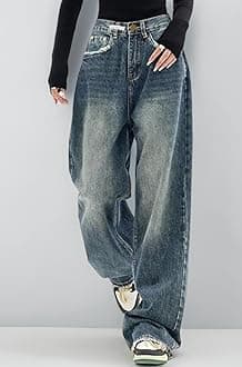 EMMIOL Women Baggy Jeans Mid-Low Waist Boyfriend Streetwear Vintage Jeans Wide Leg Denim Pants