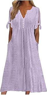 Elegant Summer Dresses for Women 2026 Trendy Tie Short Sleeve Button Down v Neck Eyelet Maxi Long Tshirt Dress