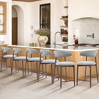 COLAMY Upholstered Counter Height Bar Stools Set of 6, Kitchen Island Stools with Back, Modern Counter Stools Island Bar Chairs with Wood Legs for Kitchen Island Dining Room Bar, Light Grey