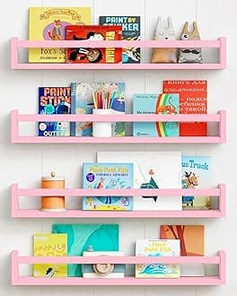 Forbena Large Pink Kids Book Shelves for Girls Room Wall Set of 4, Floating Nursery Book Shelf for Baby Girl Deocr, 24 Inches Long Wall Mounted Bookshelf for Toddler Kid Child Teens Bedroom (Pink)