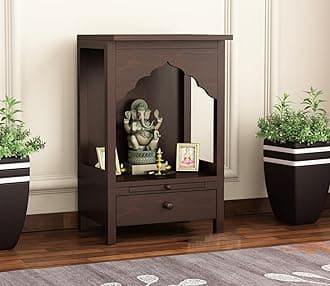 Wooden Home Temple Pooja Mandir With 1 Drawer for Storage and Decoration | Pooja Mandap | Solid Wood Temple for Decor (Walnuts)