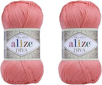 Alize Diva Yarn - 100% Microfiber Acrylic, Silk Effect, Crochet & Lace Craft, Coral, 2 Skeins, 200gr, 767 yds