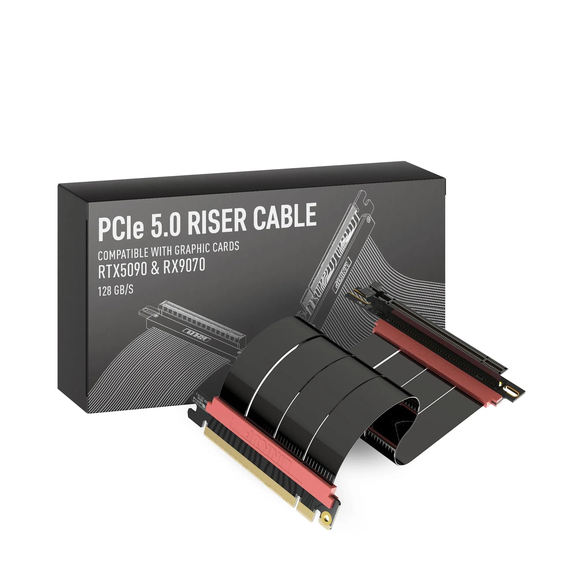 LINKUP - AVA5 PCIE 5.0 Riser Cable | RTX5090 RX9070 GPU Ready | x16 128GB/s Speed | Compatible with PCIe 4.0 & WRX80/WRX90E | Right Angle, Black 20cm (Total Length 24cm)