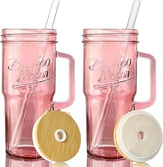 Glass Cups with Handle, 24oz Glass Cups with Lids and Straws Travel Coffee Mug Bamboo Mason Jar Iced Cup Smoothie Tea Clear Cute Water Drinking Jars Glasses