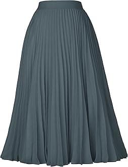 Pleated Midi Skirt for Women,Summer Chiffon Elastic High Waist Knee Length Skirts, Swing A-Line Boho Outfits