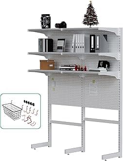 JWX Standing Pegboard Shelf Unit, White Gaming Home Office Garage Cabinets with Metal Pegboard and 15 Pieces Organizer Tool Holders