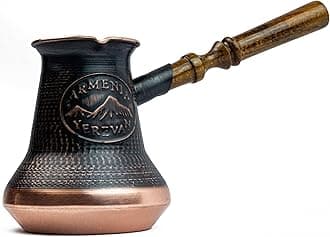 Handmade Armenian Coffee Pot Maker Copper Jazva Ararat Turkish Arabic Greek Cezve Jezve Ibrik Turka Jazzve Jazve Wooden Handle (12 Fl Oz (355ml))