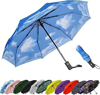 Siepasa Windproof Travel Compact Umbrella, 8-Ribs Anti-UV Waterproof Folding Umbrella with Telfon Coating-One Button for Auto Open and Close (Sky)