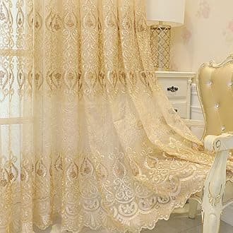 Amidoudou 1 Pair European Jacquard Sheer Curtains Embroidered Tulle Curtains Living Room Bedroom Luxury Translucent Curtains (Gold,51x102 Inch)