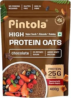PINTOLA 25g High Protein Oats 400g, Dark Chocolate,No Refined Sugar, with Almonds Raisin, Pumpkin and Chia Seeds, 8g Fibre, Rolled Oats for weight loss, Breakfast Cereals | Gluten Free