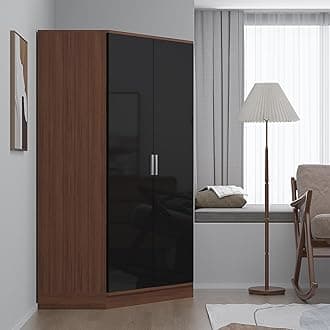 2 Door Corner Wardrobe | Black Gloss & Walnut | Bedroom Storage with 2 Hanging Rails & 8 Shelves | H: 180cm x W: 103cm x D: 103cm | Modern Space Saving Design