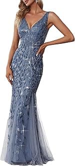 Ever-Pretty Women's Formal Dress Sequin Tulle Double V-Neck Sleeveless Mermaid Long Evening Dress 07886